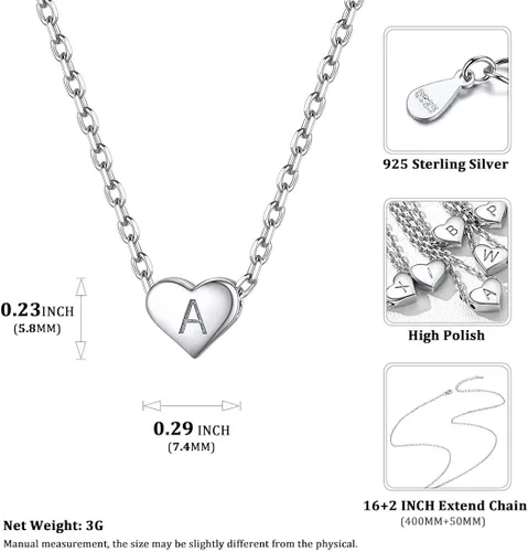 Vista 4 de ChicSilver Collares de plata de ley 925 con inicial de corazón para mujeres y niñas, delicado collar con dije de corazón personalizado con letra