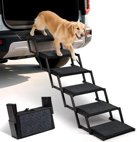 Vista 14 de Escaleras plegables para perros grandes, con superficie antideslizante, rampa ligera con capacidad para hasta 250 libras, 5 escalones