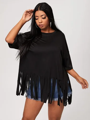 Vista 4 de SOLY HUX Camiseta casual de verano de media manga con dobladillo de flecos para mujer