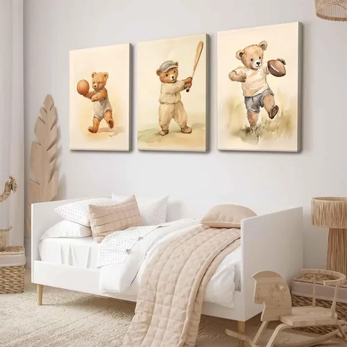 Vista 9 de 3 Piezas Arte de Pared en Lienzo de Animales Osito de Peluche Deportivo para Cuarto de Bebé Lindo Oso Bebé del Bosque Rugby Decoración de Pared