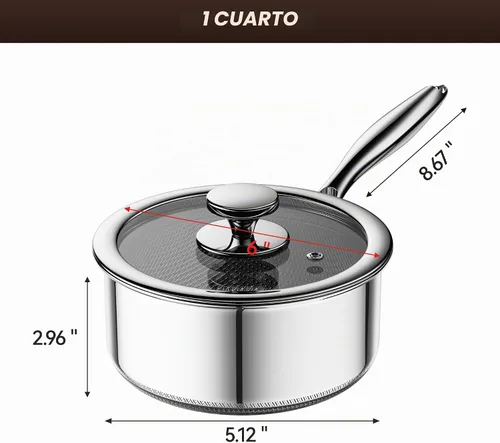 Vista 6 de Cacerola de acero inoxidable de 1 cuarto de galón con tapa de vidrio, sartén antiadherente híbrida de 6 pulgadas, sin PFAS PFOA PTFE, mango que se