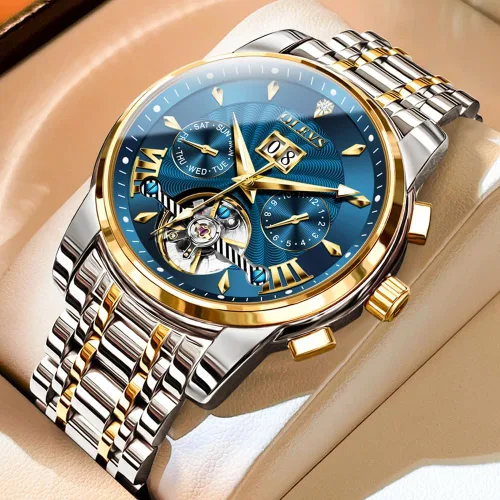 Vista 5 de OLEVS Relojes automáticos de acero inoxidable luminoso de lujo con esqueleto para hombre