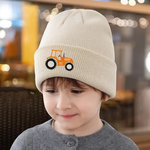 Vista 6 de Gorro de punto para niños pequeños con bordado de tractor para otoño e invierno