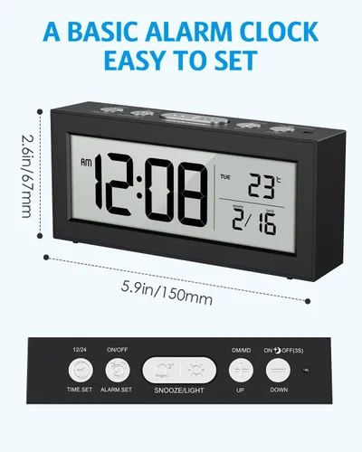 Vista 7 de AMIR Reloj despertador alimentado por pilas, reloj despertador de viaje con pantalla LCD grande que muestra la hora/fecha/temperatura, reloj digital