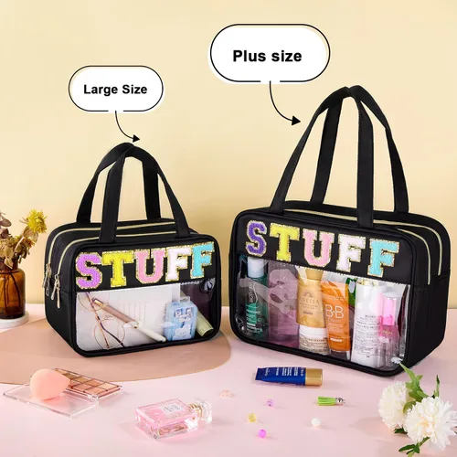 Vista 2 de Bolsa de Maquillaje Transparente con Letras de Chenilla, Bolsa de Cosméticos Preppy Transparente, Bolsas de Snacks Transparentes con Cremallera