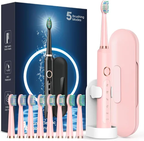 Vista 15 de Rtauys Cepillo de dientes eléctrico M5 para adultos, cepillo de dientes eléctrico sónico para niños y adultos con 8 cabezales de cepillo y estuche