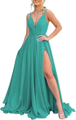 Vista 28 de Vestidos largos de dama de honor para mujer, con abertura, cuello en V, vestido de fiesta formal para boda