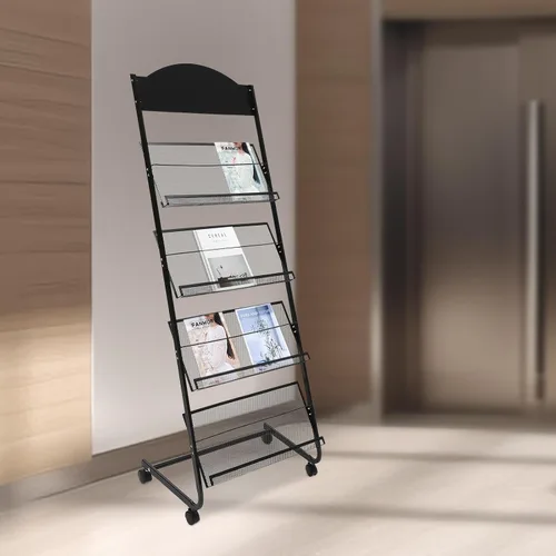 Vista 9 de Estante de 4 niveles para revistas, soporte de exhibición para folletos, estante de exhibición de literatura, estantes abiertos para almacenamiento