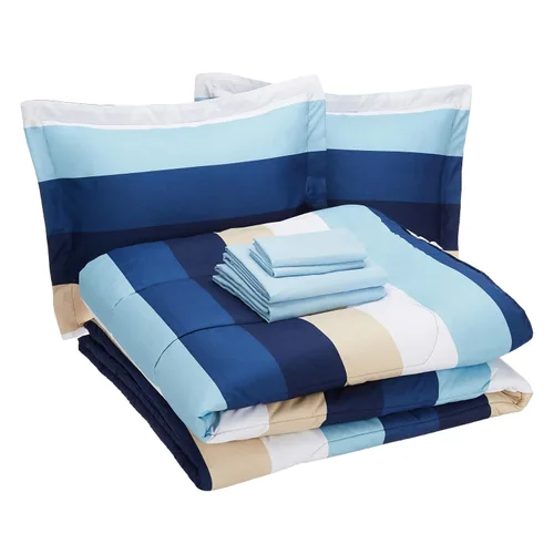 Vista 26 de Amazon Basics - Juego de edredón Twin/Twin XL con sábanas, juego de ropa de cama de 5 piezas, microfibra ligera azul Calvin a rayas, en una bolsa