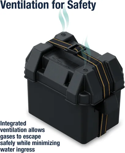 Vista 3 de Attwood 9082-1 Caja de batería pequeña con kit de montaje y correa, compatible con baterías de la serie 16 y U1, color negro