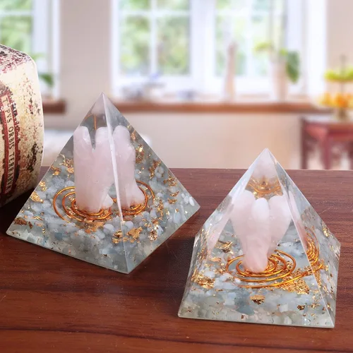 Vista 4 de mookaitedecor Pirámide de orgón de cristal aguamarina con ángel de la guarda de cuarzo rosa y piedras rodadas generador de energía de orgonita