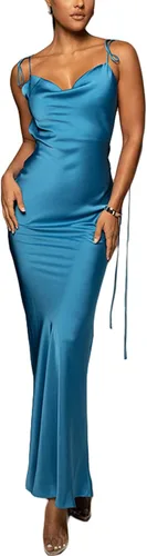Vista 2 de BOIBOKOKO Vestido largo sexy sin espalda para mujer, vestido largo ajustado de satén Y2K con tirantes delgados, sin mangas, cuello vuelto