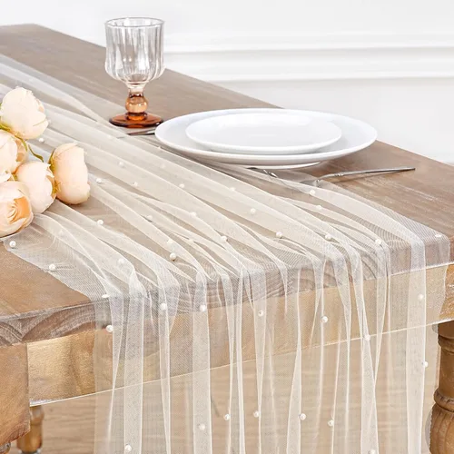 Vista 23 de LuoluoHouse Camino de Mesa de Perla para Centros de Mesa de Boda: Camino de Mesa de Perla de 10 pies, Decoración de Mesa de 29x120 Pulgadas de Tul