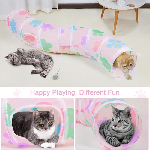 Vista 4 de Glittme Túnel para gatos, túneles para gatos de interior, cueva de gatos en forma de S con juguetes para gatos, tubos plegables para gatos y túneles