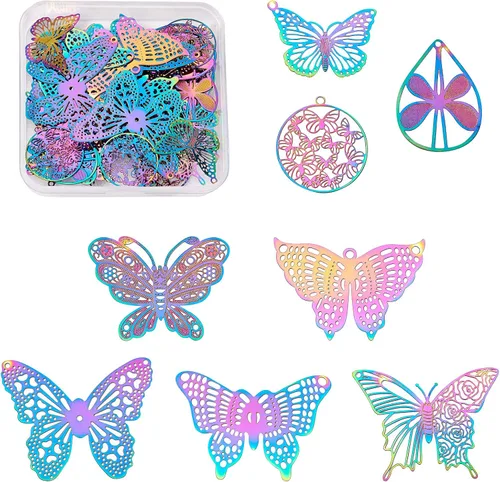 Vista 38 de FASHEWELRY 50 piezas de conectores de filigrana de mariposa de acero inoxidable, adornos de metal grabados con arco iris para fabricación de joyas