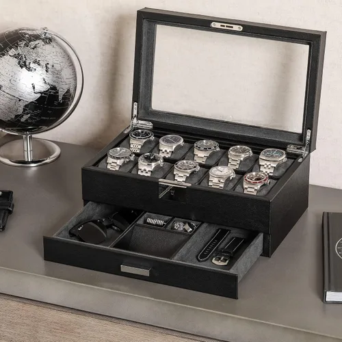 Vista 3 de Juego de regalo Caja de reloj de cuero con 10 ranuras con cajón de valet y funda de viaje a juego para 5 relojes, organizador de exhibición