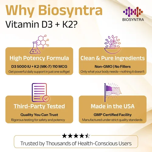 Vista 4 de Vitamina D3+K2 con aceite de coco, vitamina D vegana de 5,000 UI y MK7 Vitamina K 110mcg para apoyo óseo, corazón e inmunológico, sin OMG, probado