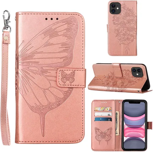 Vista 11 de Funda tipo cartera para iPhone 11, diseño de mariposas y flores (azul) Embossed PU Leather, TPU Interior, Flip Case Folio Cover, Stand, Cash