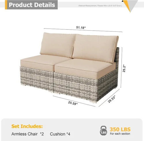 Vista 5 de HOOOWOOO Patio Sectional Furniture Set,2 Piece Couch Set with 2 Matching Armless Chairs(Beige)