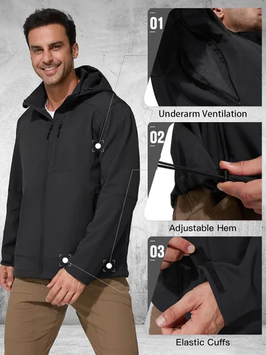 Vista 5 de FREE SOLDIER Chaqueta ligera con capucha impermeable para hombre, con forro polar, para invierno, con capucha, resistente al agua, para senderismo