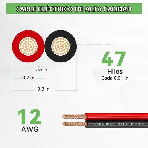 Vista 6 de Askcable Cable de alambre de 12 calibre, cable de alambre eléctrico de 12 AWG, 2 conductores de alambre rojo y negro, cable de extensión flexible