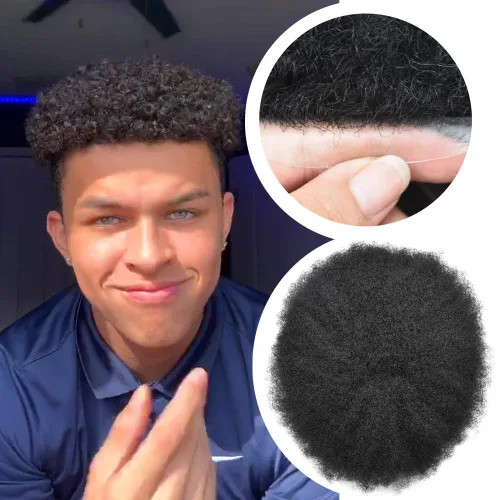 Vista 4 de Afro Toupee para hombres negros, unidad de pelo rizado rizado de poliuretano inyectado, cabello humano con ondas de polly afro, piezas de cabello #1