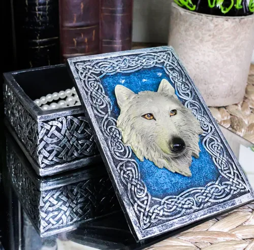 Vista 7 de Ebros Gift Figura decorativa rectangular de lobo alfa con elemento de noche estrellada azul celta como recuerdo, almacenamiento de joyas, decoración
