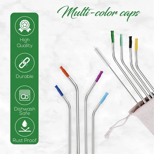 Vista 4 de Tapas de bambú para tarros de masón con agujero para pajilla, popotes reutilizables de acero inoxidable con puntas de silicona de colores, cepillo