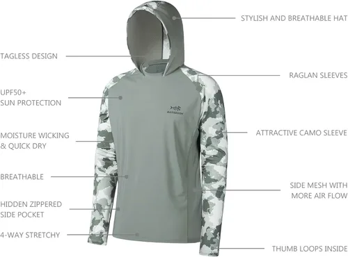 Vista 4 de BASSDASH Camisa de pesca de rendimiento UPF 50 para hombre, sudadera con capucha de camuflaje de manga larga FS17M