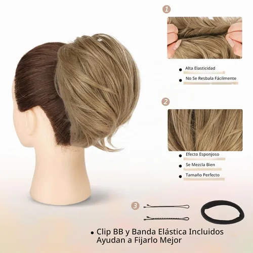 Vista 3 de BARSDAR Extensiones de Moño de Cabello Liso - Extensiones de Moño de Cola de Caballo Corta y Lisa para Mujeres, Coleteros de Moño de Cabello Rubio