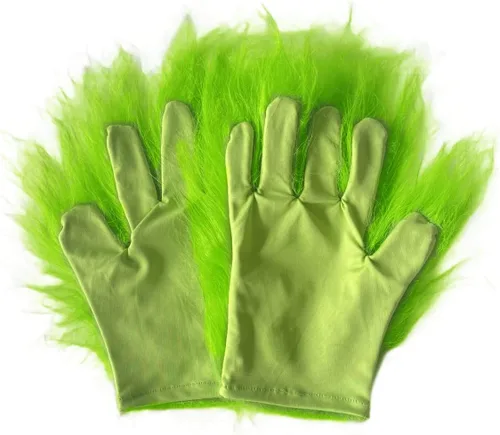 Vista 6 de Hefnoya Guantes de felpa de monstruo verde para adultos y niños, disfraz de Papá Noel de Navidad, accesorios de máscara de manos verdes, Guantes
