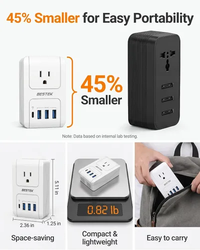 Vista 8 de BESTEK Adaptador de viaje universal, adaptador de corriente internacional con 1 tomacorrientes, 4 puertos de carga USB (1 USB C PD 35W), enchufes