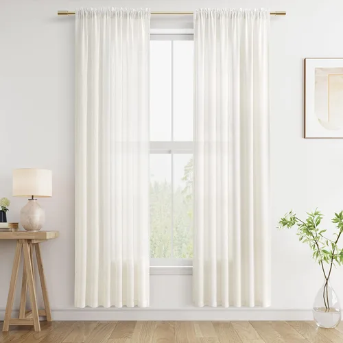 Vista 121 de Cortinas de lino verde aguamarina de 84 pulgadas de largo, juego de 2 paneles semitransparentes con bolsillo para barra para comedor, decoración