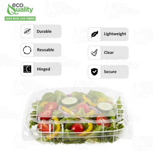 Vista 2 de EcoQuality Recipiente de plástico transparente con tapa con bisagras, 8 x 8 x 2 pulgadas, recipiente para llevar con un solo compartimento