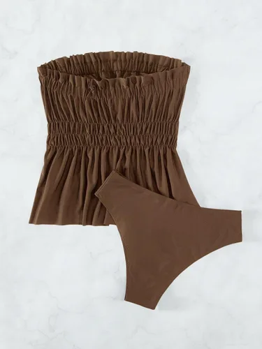 Vista 4 de MakeMeChic Women's 2 Piece Bathing Suits Frill Trim Ruffle High Waisted Bandeau Tankini Swimsuit