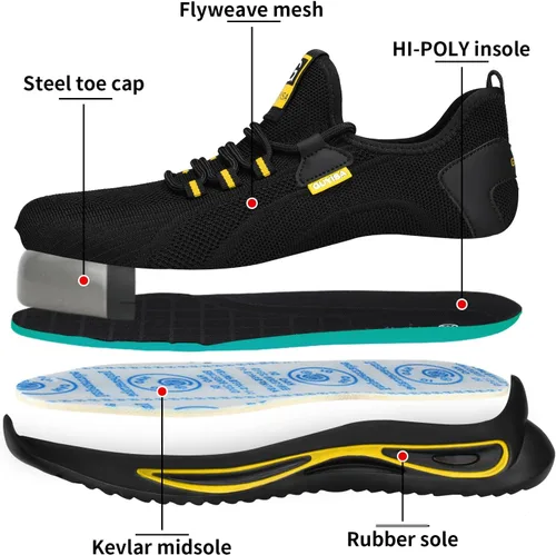 Vista 8 de GLANOUDUN Zapatos con punta de acero para hombre, zapatos de trabajo para hombres, zapatos de seguridad ligeros y cómodos, puntera de acero, zapatos