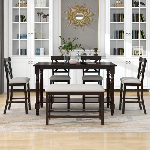 Vista 2 de Bellemave Juego de mesa de comedor de 6 piezas rectangular de madera con 4 sillas y un banco, juego de comedor moderno para 6 personas, ideal