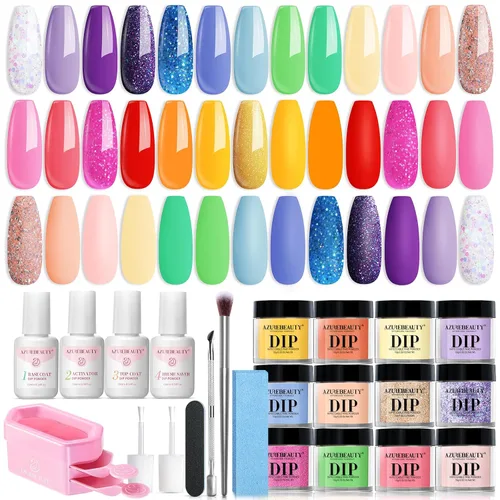 Vista 16 de AzureBeauty - Kit de 31 piezas de polvo de inmersión para uñas, otoño, invierno, rojo y verde con purpurina