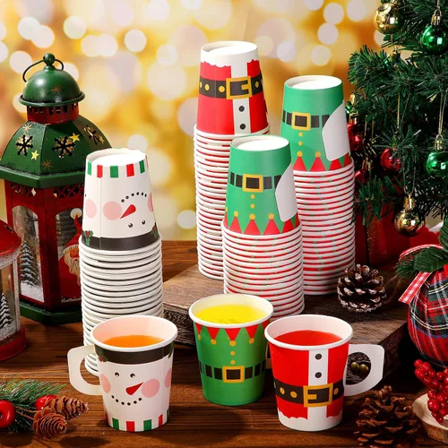 Vista 6 de Maxcheck Vasos de Papel Navideños 7oz Desechables de Navidad con Asas Santa Muñeco de Nieve Elfo Vasos de Té Café Chocolate Caliente Accesorios