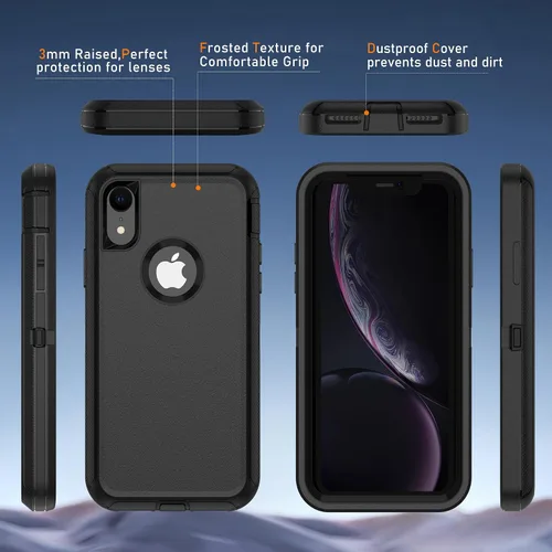 Vista 4 de Jshru para iPhone XR Funda con [2 Pack] Protector de Pantalla HD, [Grado Militar] 3-en-1 Resistente Protector de Cuerpo Completo a Prueba de Negro