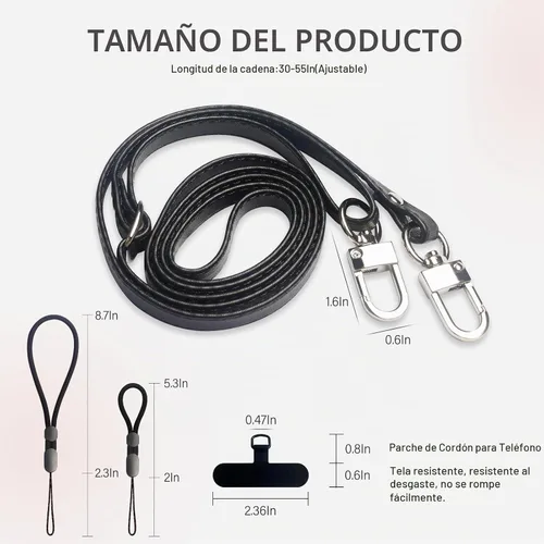 Vista 2 de Correa cruzada para teléfono con 2 almohadillas, cuero y correa de dedo ajustable, compatible con la mayoría de teléfonos inteligentes (negro)