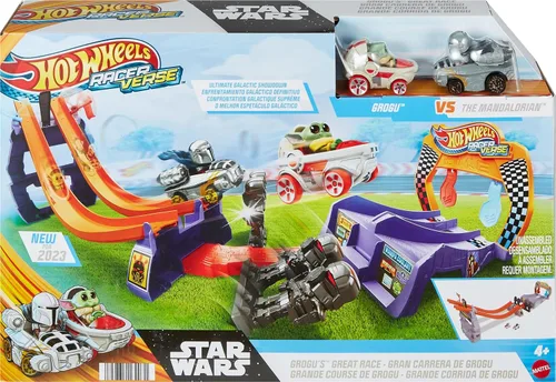 Vista 6 de Hot Wheels Star Wars RacerVerse - Juego de pistas de autos de juguete y 2 corredores fundidos a presión, Grogu's Great Race, U44Inspirado en Star