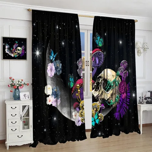 Vista 91 de Cortinas góticas de bosque de cuervos, para Halloween, espeluznante, negro, cuervo negro, alas oscuras, suspenso, bolsillo para barra, cortinas