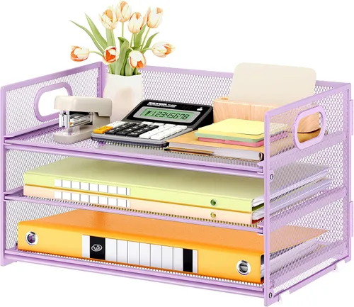 Vista 16 de SUBEKYU 2 paquetes de organizador de bandejas de cartas de 3 niveles para escritorio, organizador clasificador de archivos de malla metálica negra