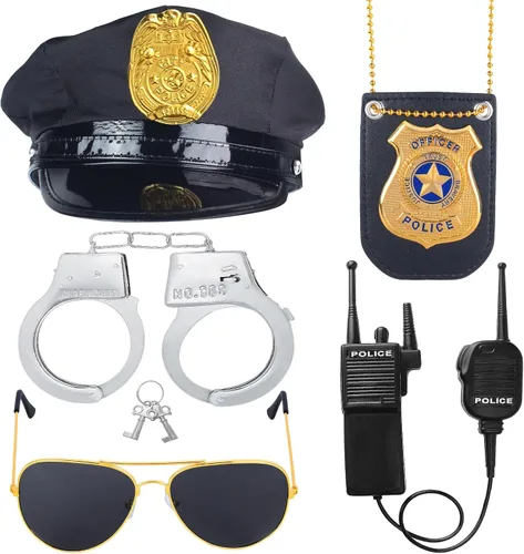 Vista 8 de Beelittle - Kit de policía, gorro de policía con esposas, walkie talkies, esposas, placa y lentes Estilo b