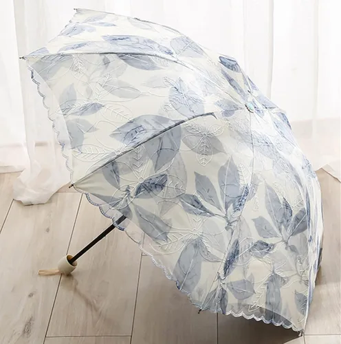 Vista 2 de URAWESO Parasol bordado encaje protección UV hoja impresa paraguas plegable para playa, viajes, boda, fiesta, decoración sesión de fotos