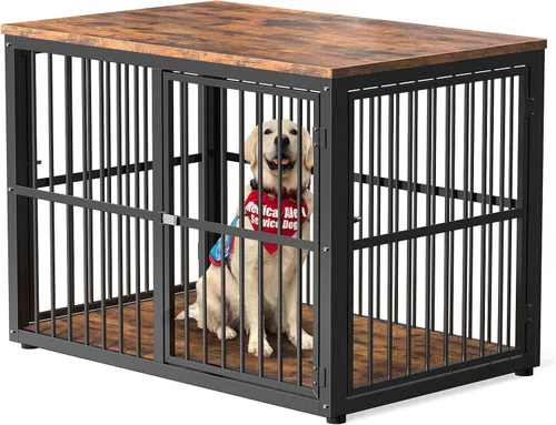 Vista 9 de Lyromix Mueble de jaula para perros de 27 pulgadas con 3 puertas, mesa auxiliar de madera resistente para perros pequeños, múltiples unidades se