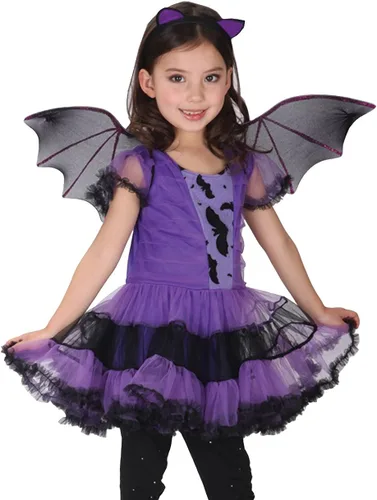 Vista 2 de Disfraz de vampiro de murciélago para niñas ropa de Halloween para niños vestido morado para cosplay Morado