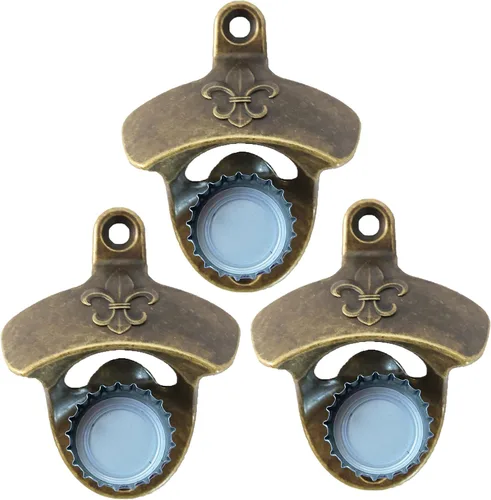 Vista 6 de Abrebotellas magnético vintage montado en la pared Fleur De Lis Beer Cap Abridor con imanes Montable Bronce Antiguo