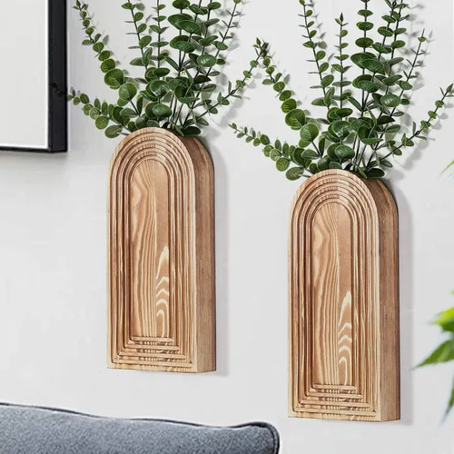Vista 17 de Dnnnii Juego de 2 jarrones de pared de madera, acabado negro, decoración de pared moderna de granja y bohemio para entrada, pasillo, baño, sala
